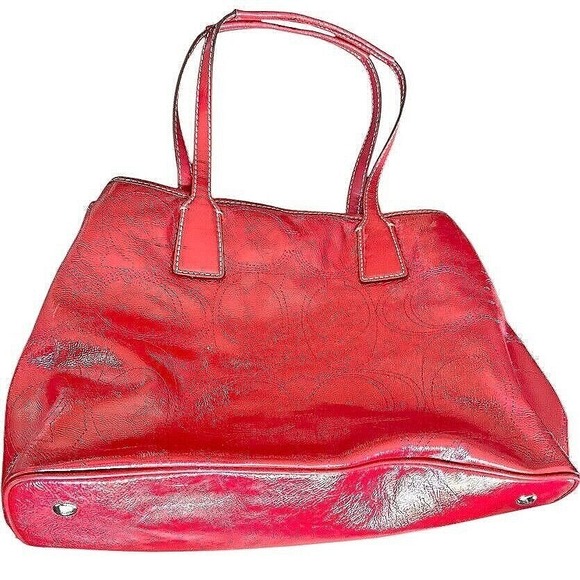 Coach Red Patent Leather Op Art Tote Bag Satchel Purse Designer Handbag 15x4x11" - Picture 3 of 16